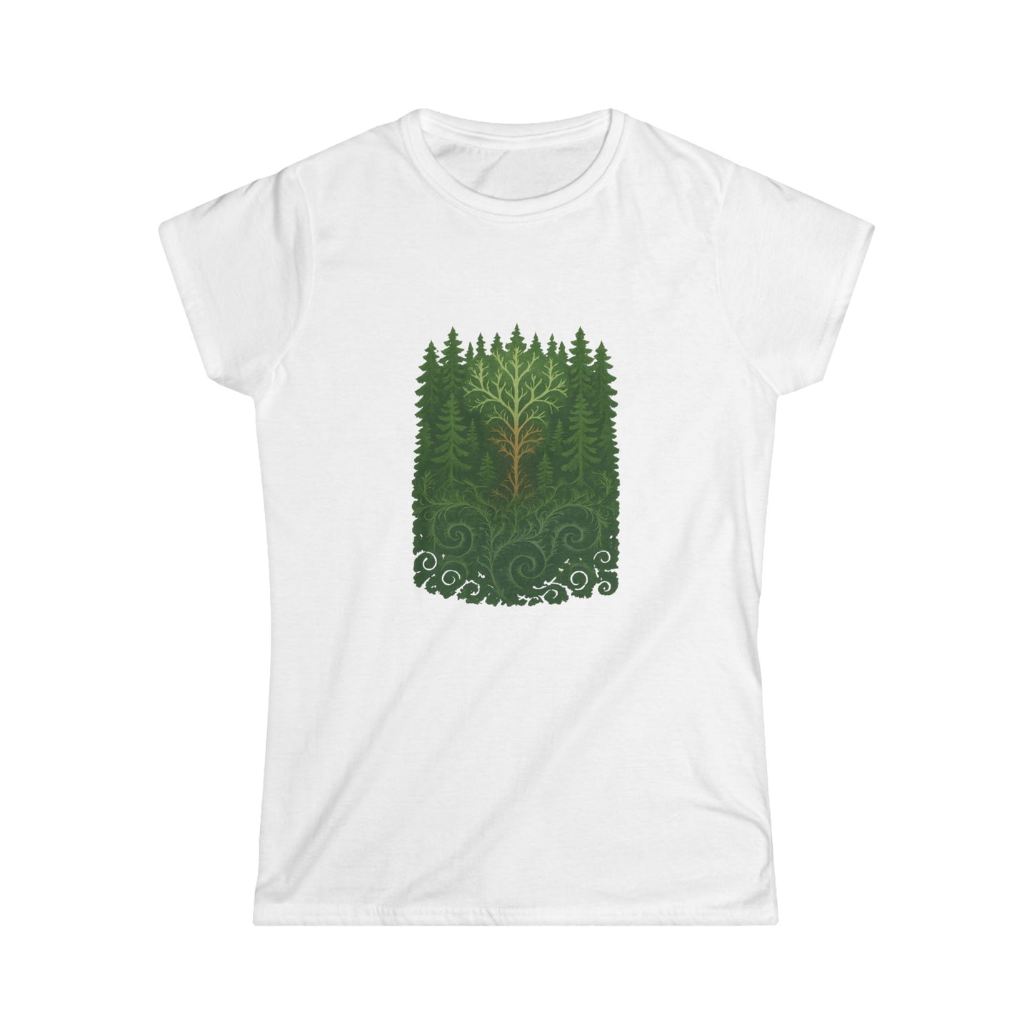 Nature-Inspired Women's Softstyle Tee with Fractal Forest Design, Eco-Friendly Fashion, Perfect for Nature Lovers, Casual Wear, Gift for Her