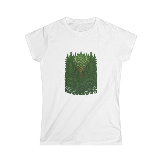 Nature-Inspired Women's Softstyle Tee with Fractal Forest Design, Eco-Friendly Fashion, Perfect for Nature Lovers, Casual Wear, Gift for Her