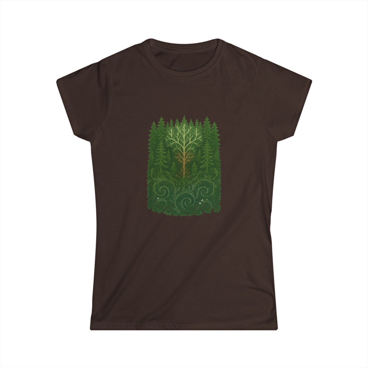 Nature-Inspired Women's Softstyle Tee with Fractal Forest Design, Eco-Friendly Fashion, Perfect for Nature Lovers, Casual Wear, Gift for Her
