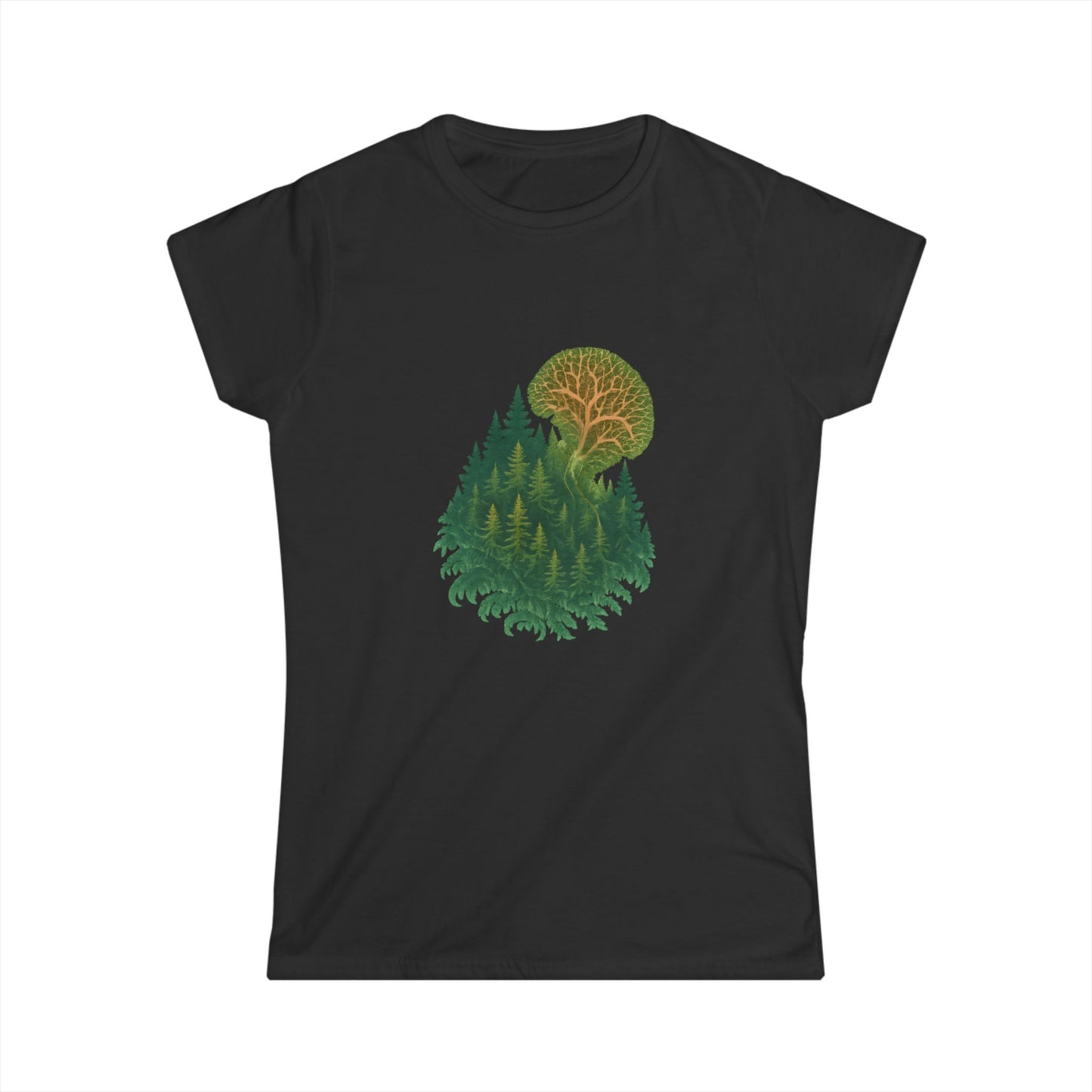 Nature-Inspired Women's Softstyle Tee with Fractal Forest Design, Eco-Friendly Fashion, Perfect for Nature Lovers, Casual Wear, Gift for Her