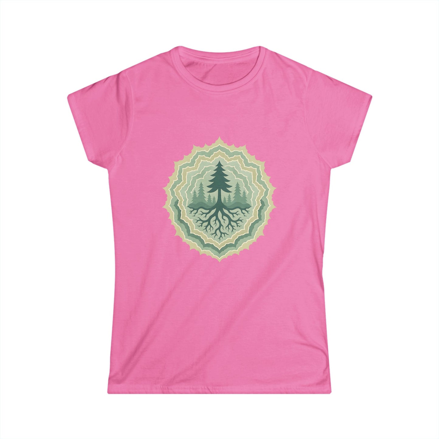Nature-Inspired Women's Softstyle Tee with Custom and Unique Fractal Forest Design, Eco-Friendly Fashion, Perfect for Nature Lovers, Casual Wear, Gift for Her
