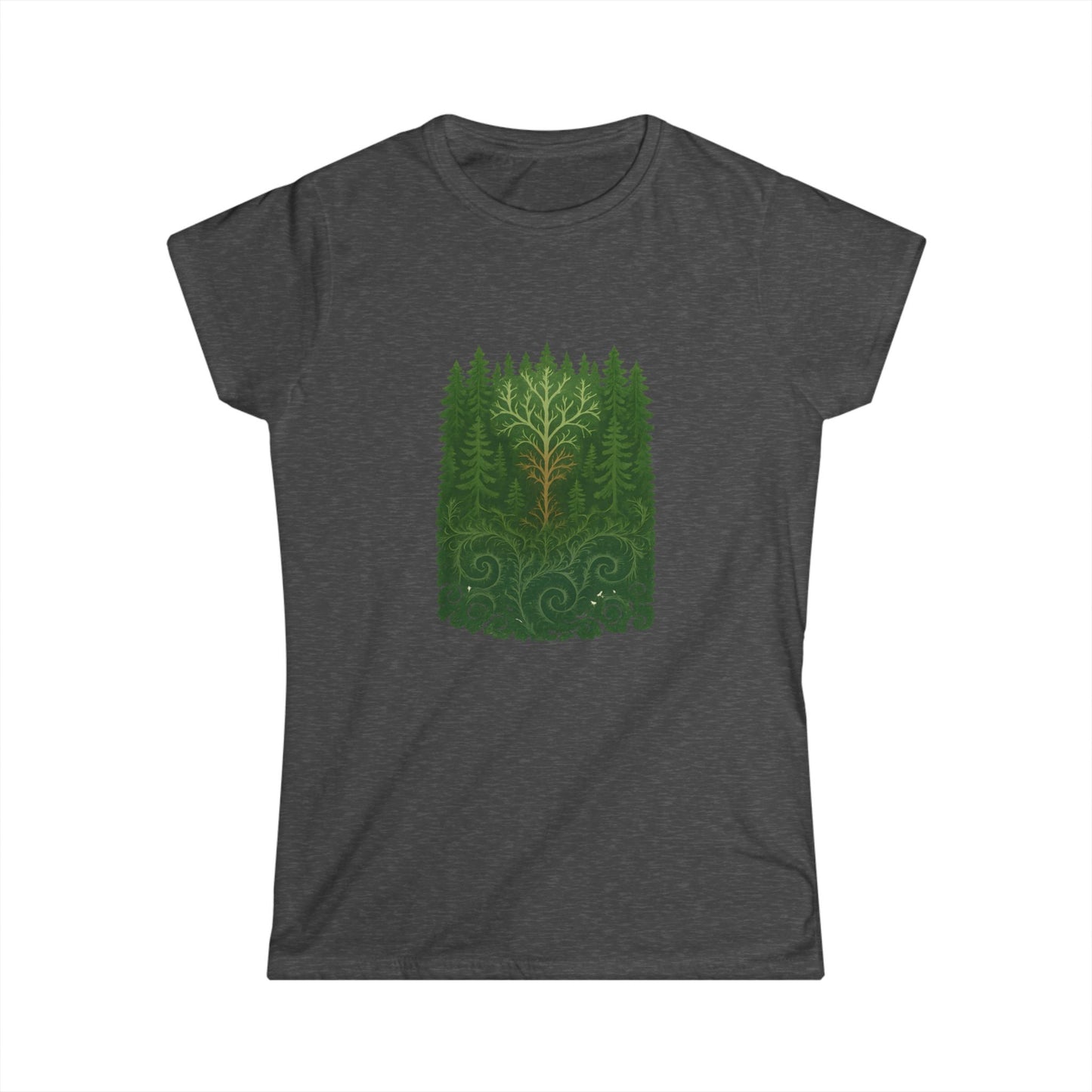 Nature-Inspired Women's Softstyle Tee with Fractal Forest Design, Eco-Friendly Fashion, Perfect for Nature Lovers, Casual Wear, Gift for Her