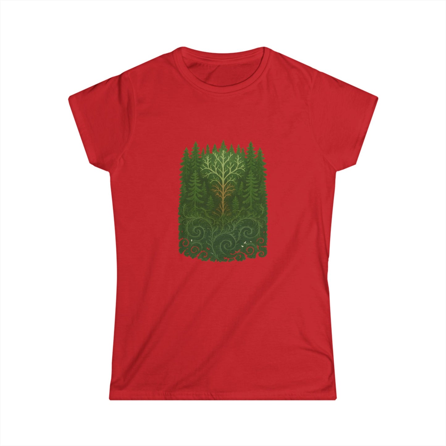 Nature-Inspired Women's Softstyle Tee with Fractal Forest Design, Eco-Friendly Fashion, Perfect for Nature Lovers, Casual Wear, Gift for Her