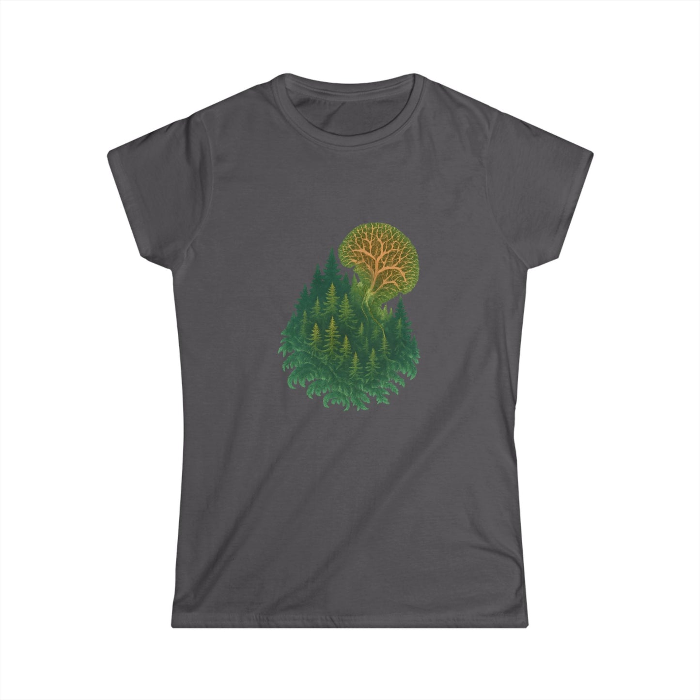 Nature-Inspired Women's Softstyle Tee with Fractal Forest Design, Eco-Friendly Fashion, Perfect for Nature Lovers, Casual Wear, Gift for Her