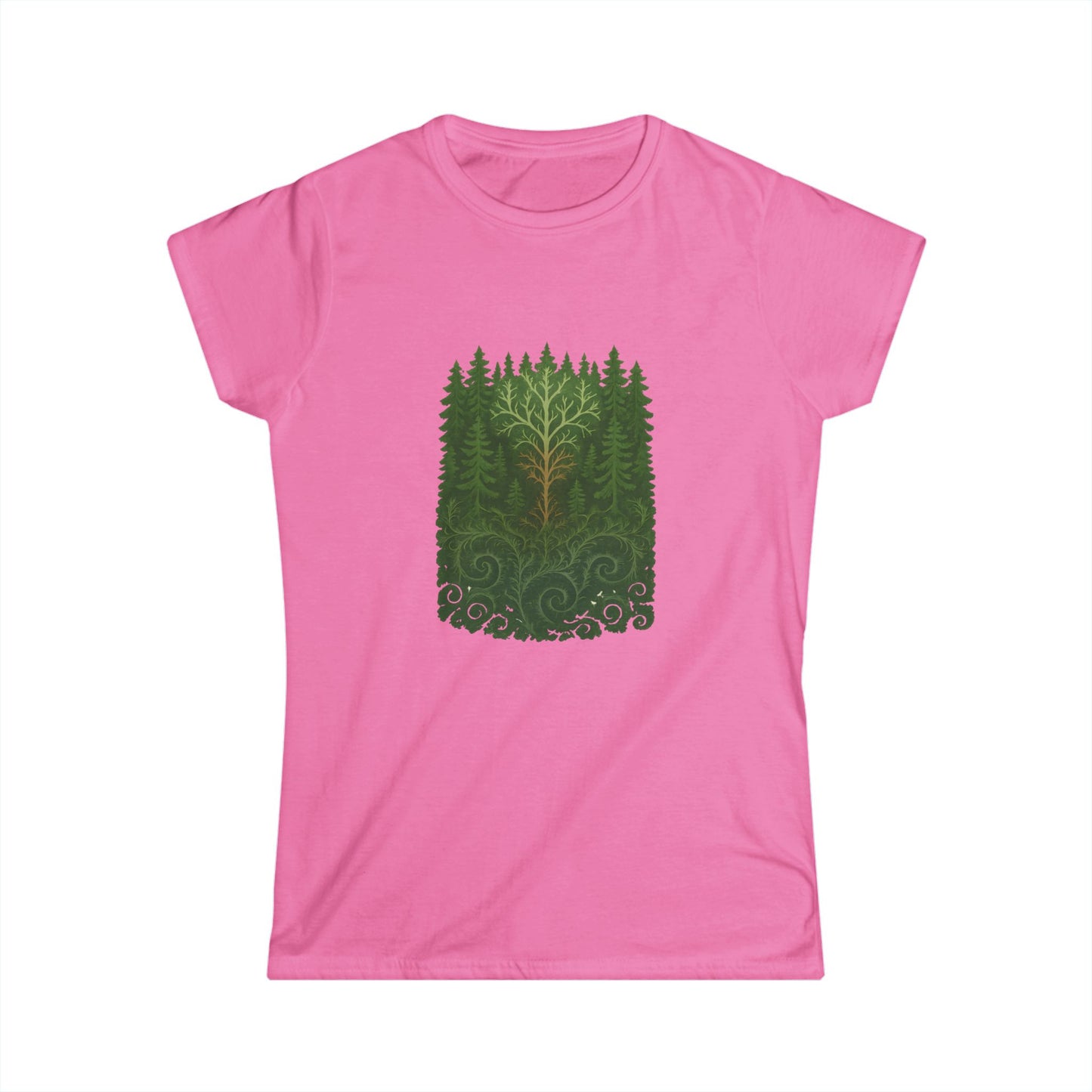 Nature-Inspired Women's Softstyle Tee with Fractal Forest Design, Eco-Friendly Fashion, Perfect for Nature Lovers, Casual Wear, Gift for Her