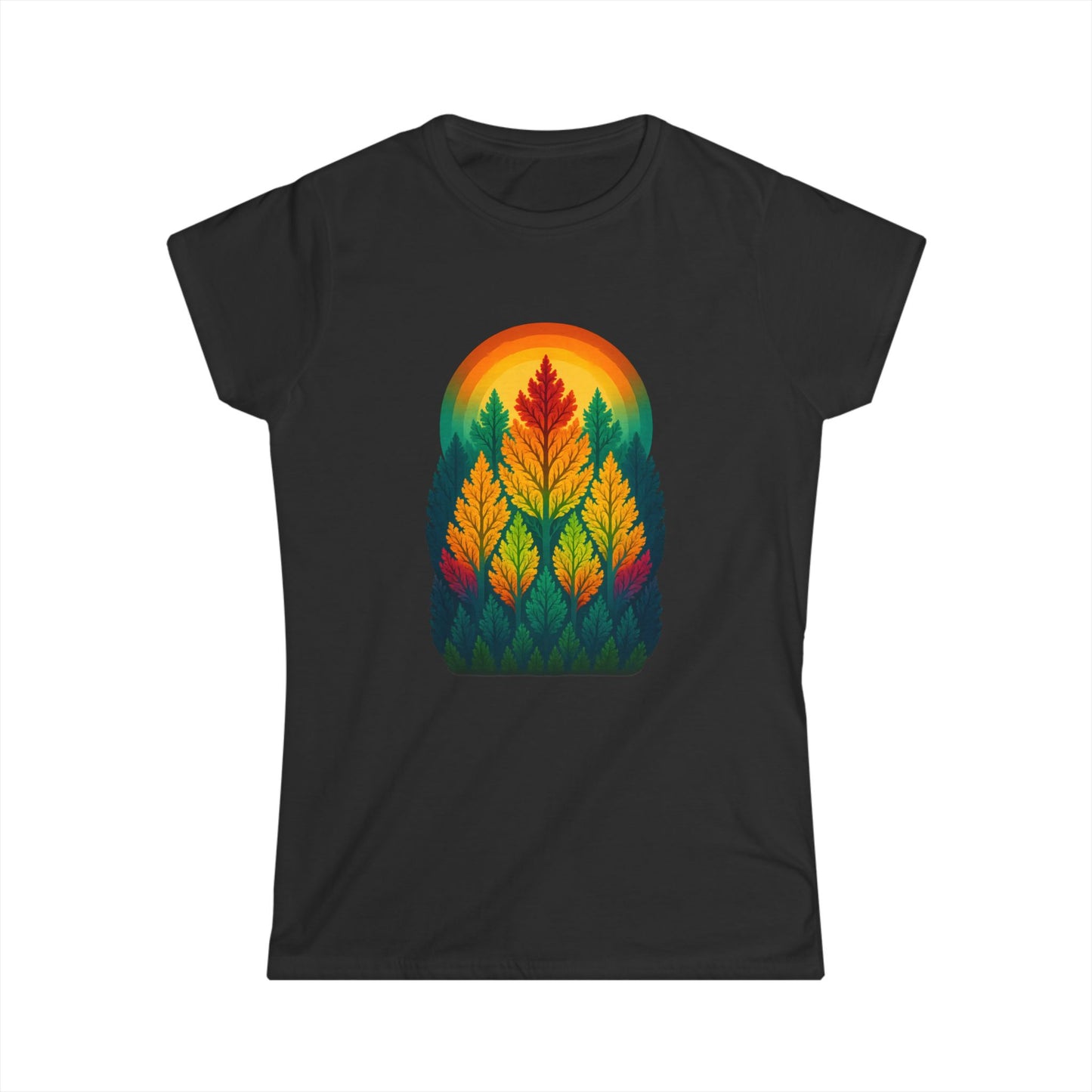 Nature-Inspired Women's Softstyle Tee with Fractal Forest Design, Eco-Friendly Fashion, Perfect for Nature Lovers, Casual Wear, Gift for Her