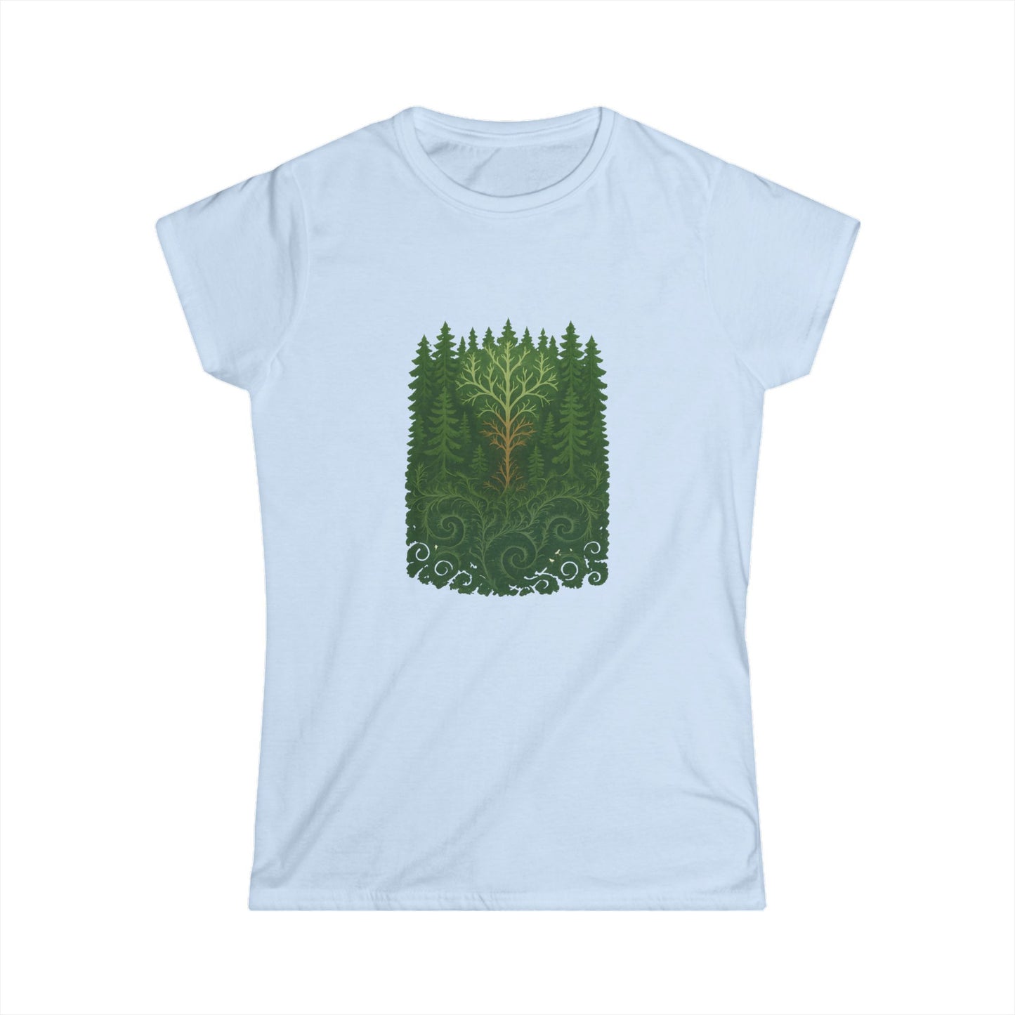 Nature-Inspired Women's Softstyle Tee with Fractal Forest Design, Eco-Friendly Fashion, Perfect for Nature Lovers, Casual Wear, Gift for Her