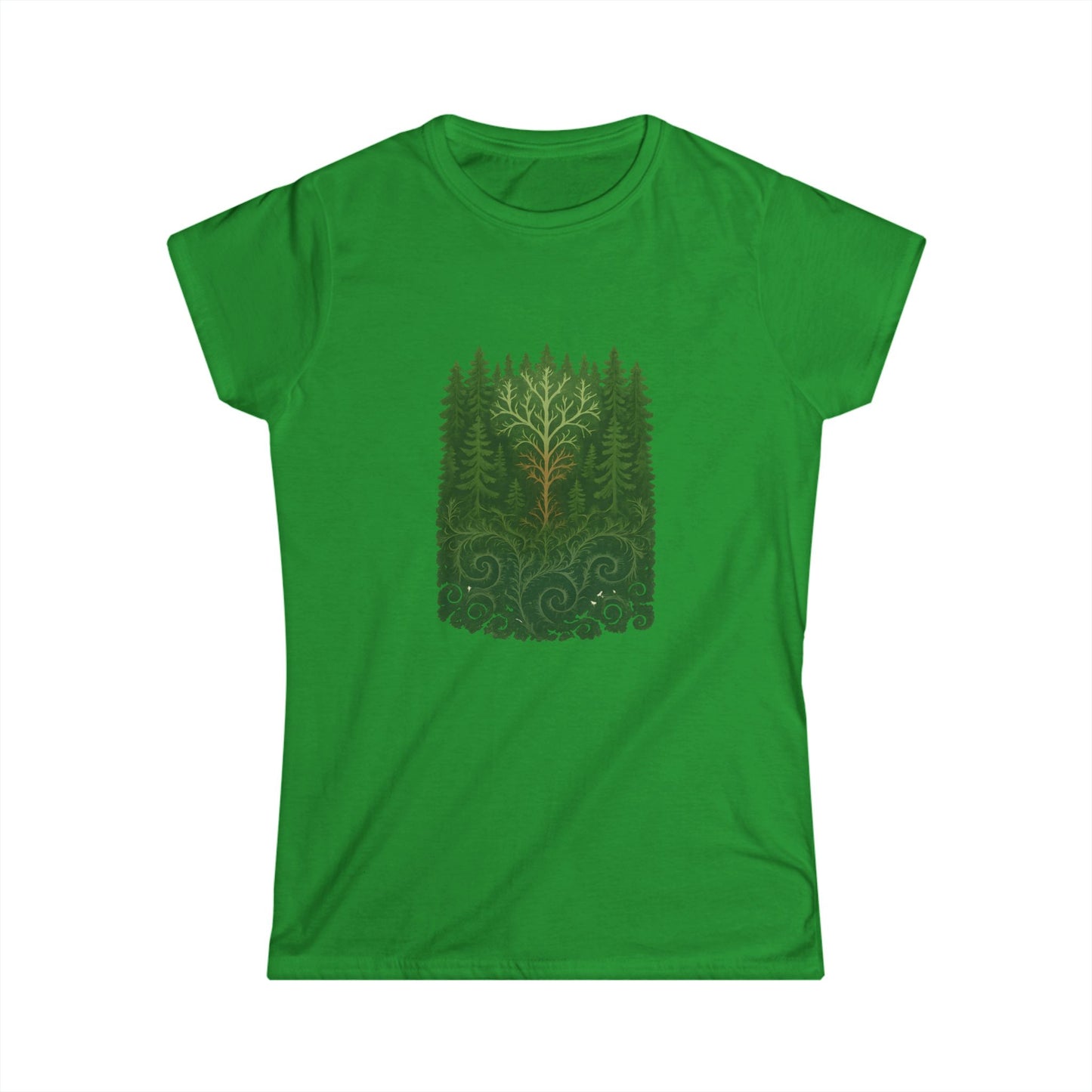 Nature-Inspired Women's Softstyle Tee with Fractal Forest Design, Eco-Friendly Fashion, Perfect for Nature Lovers, Casual Wear, Gift for Her