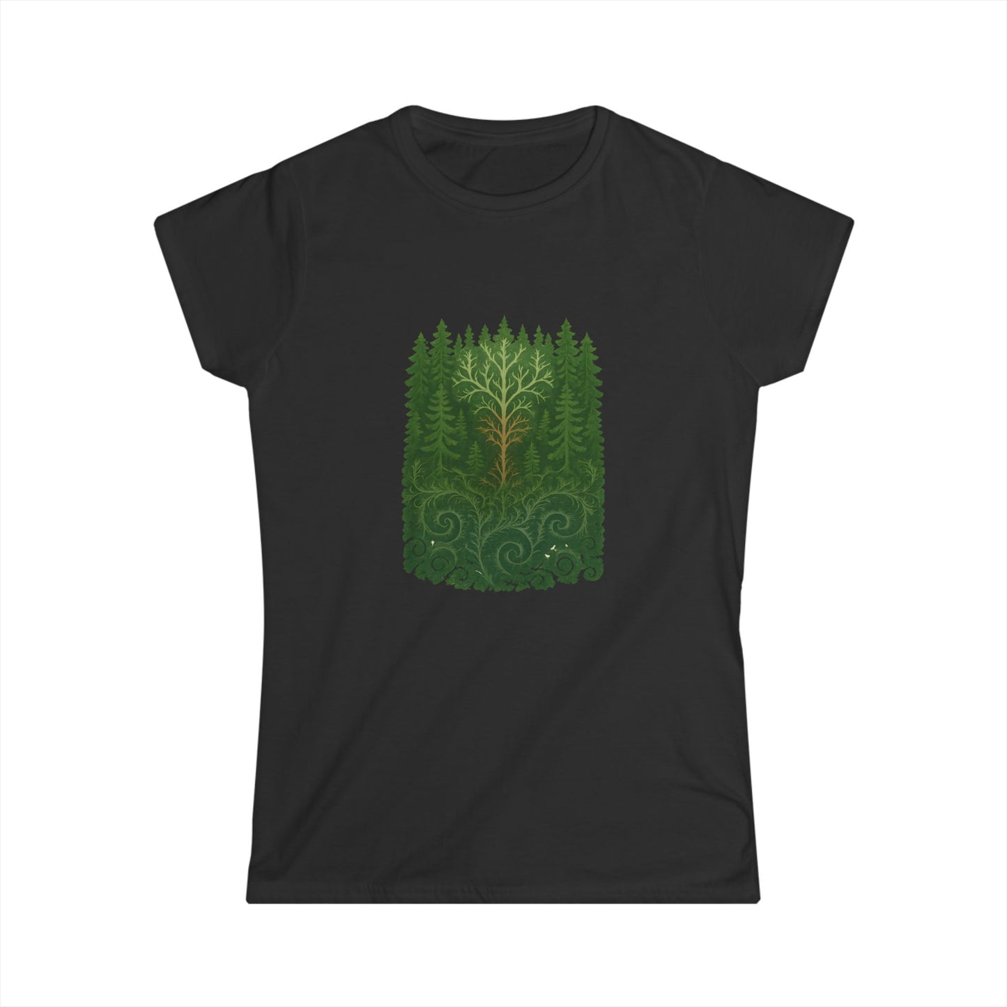 Nature-Inspired Women's Softstyle Tee with Fractal Forest Design, Eco-Friendly Fashion, Perfect for Nature Lovers, Casual Wear, Gift for Her