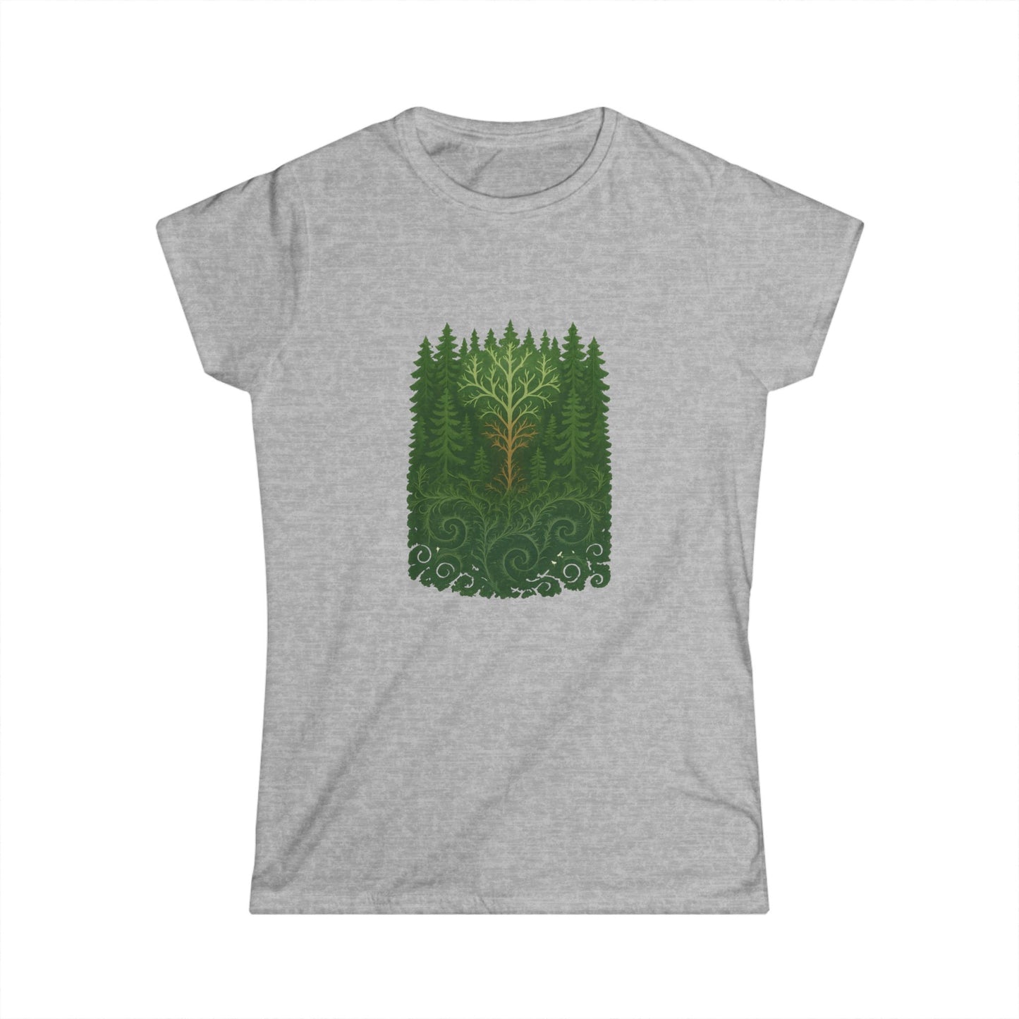 Nature-Inspired Women's Softstyle Tee with Fractal Forest Design, Eco-Friendly Fashion, Perfect for Nature Lovers, Casual Wear, Gift for Her